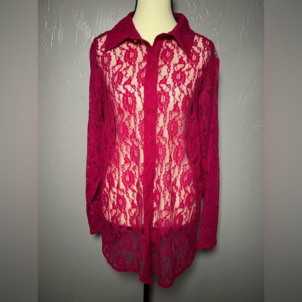 Vintage Z Studio Lace Button Up Long Blouse in A Gorgeous Cranberry Color - Picture 3 of 10